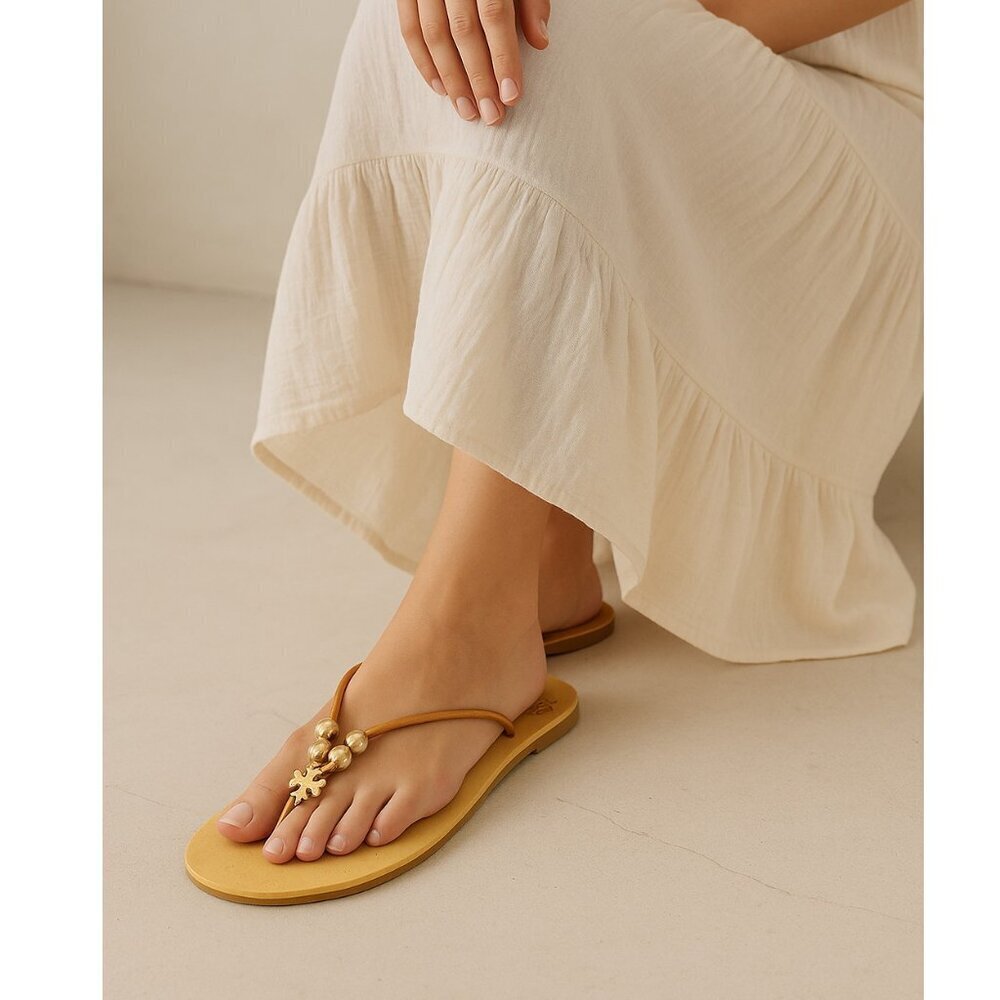 Tory Burch Women Leather Thong Sandals Gold Logo Beads Tan Flat Flip Flop Sze10M